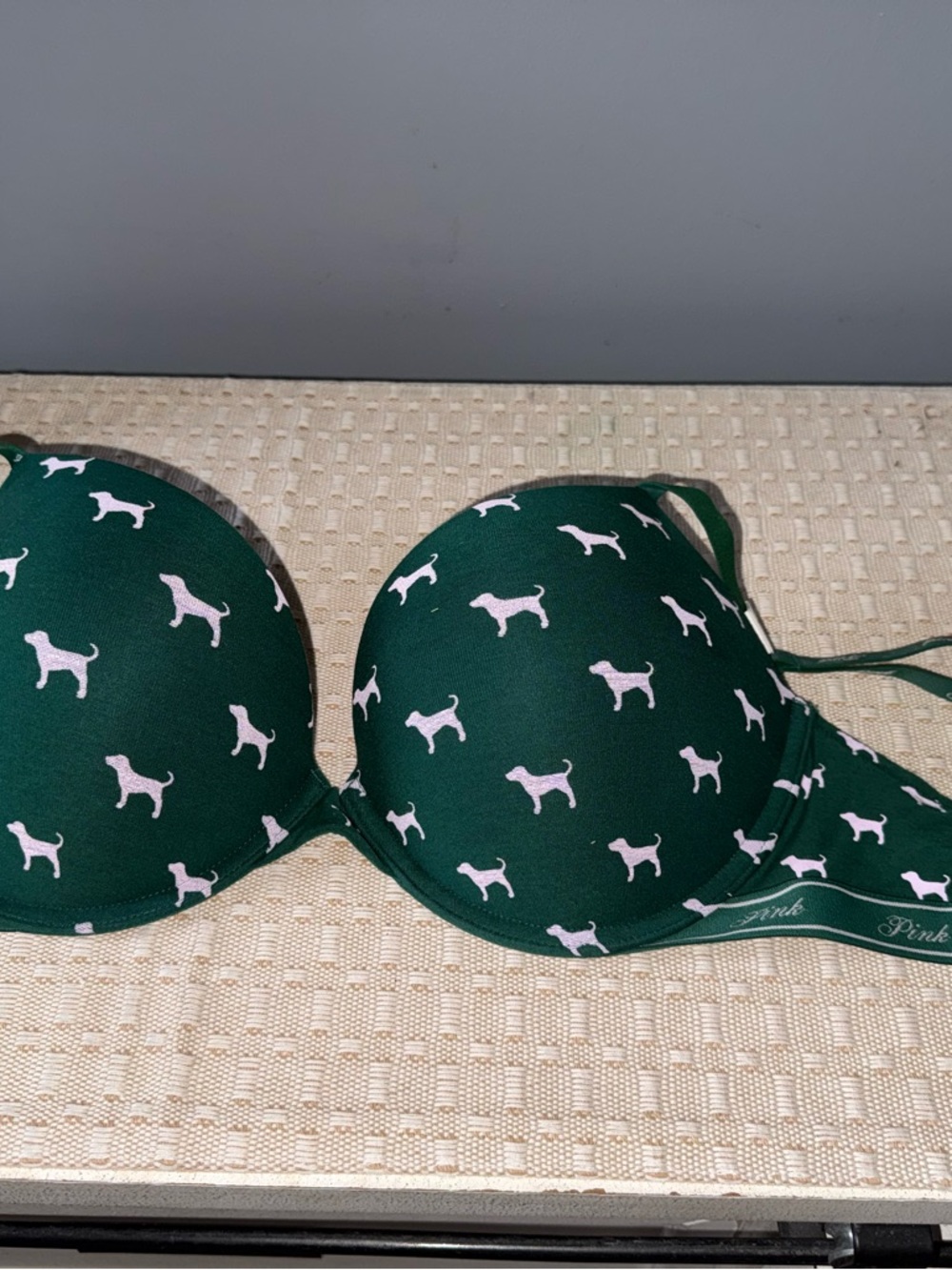 PINK Victoria's Secret Dark Green Bra with Pink Dog Print
